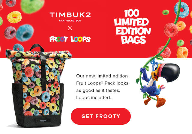 Timbuk2 x Froot Loops - 100 Limited Edition Bags - Our new limited edition - Fruit Loops Pack looks as good as it tastes. Loops included. - Get Frooty